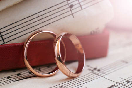 Golden rings on a velvet box so closeの写真素材