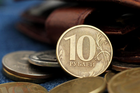 Russian coin - ten rubles, macro shot with selective focus and shallow depth of field.