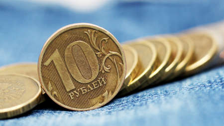 Russian coin - ten rubles on blue background, macroの写真素材