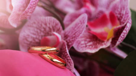 bouquet of pink flowers and wedding rings so closeの写真素材