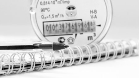 Water meter and a pen on a white background. Accounting and saving of natural resources. So close.の写真素材