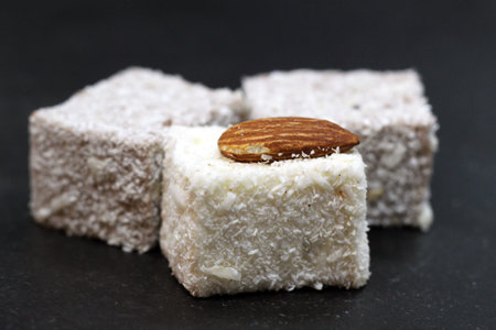 Turkish Delight (Lokum) on a black background, tasty foodの写真素材