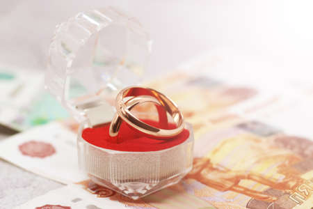 Wedding rings and russian money, married financeの写真素材