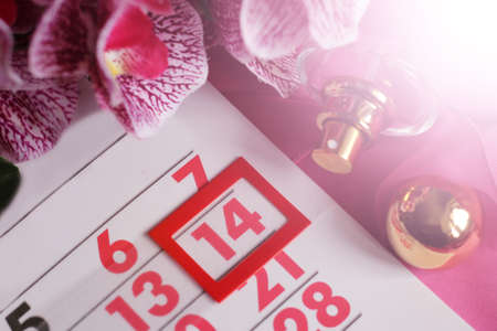 Sheet of wall calendar with red mark on 14 February - Valentines dayの写真素材