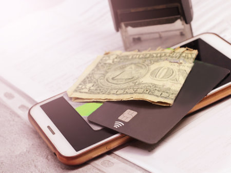 Bank card, dollars and smartphone so closeの写真素材