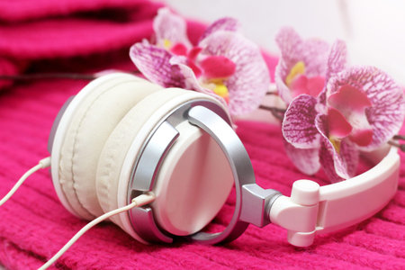 White elegant headphones, orchid on a pink scarf so closeの写真素材