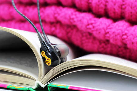 Macro close up of black earphones, music objectの写真素材