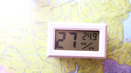 Device for measuring humidity on the background of the world map, weather forecastの写真素材