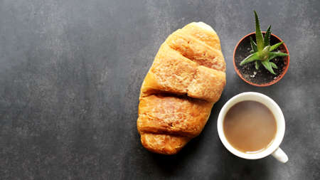 A cup of coffee, a croissant and a cactus in a pot on a black backgroundの写真素材
