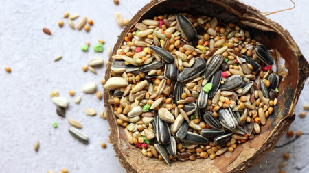 Food for exotic parrots in coconut