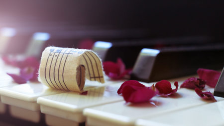 Musical symbol and rose petals on the pianoの写真素材