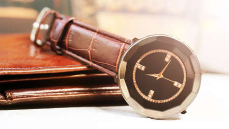 Fashion watches and men's leather walletの写真素材