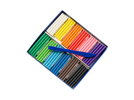 A set of colored plasticine in a box isolated on a white background