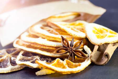 Anise and orange slices, useful spicesの写真素材