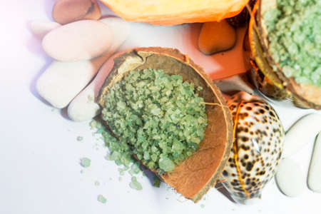 Green sea salt and seashells so close, spaの写真素材