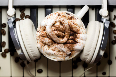 Cup of coffee with marshmallows and headphones on the piano keyboard