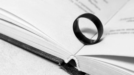 Black ring and open book, macroの写真素材