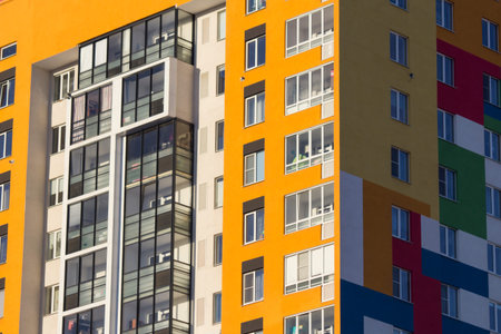 December 12, 2021. Izhevsk, Russia. New multi-colored high-rise buildings, residential buildings.