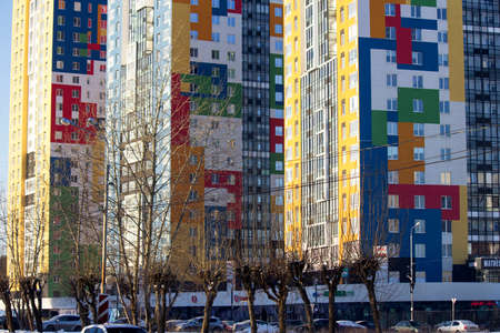 December 12, 2021. Izhevsk, Russia. New multi-colored high-rise buildings, residential buildings.のeditorial素材