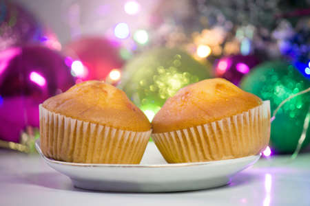 Delicious cupcakes on the table, Christmas decorの写真素材