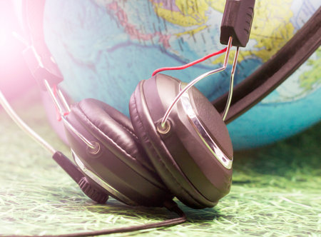 Black headphones and globe, world musicの写真素材