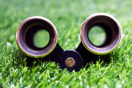 Retro theatrical binoculars on the grass in the parkの写真素材