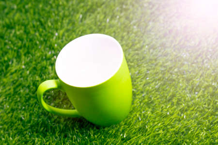 Green coffee cup on green grass background with copy space for text.の写真素材