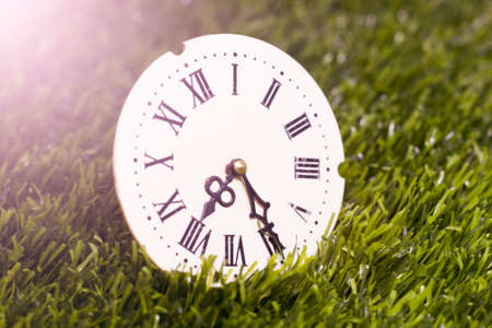 New year concept. Clock on green grass. Time is money.の写真素材