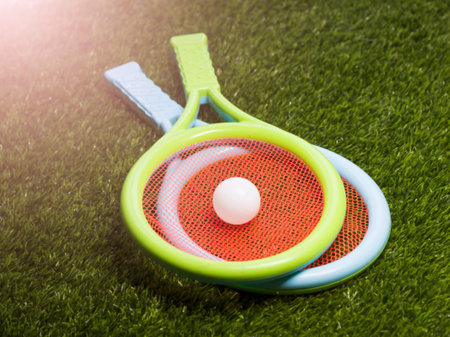 Rackets and a ball on the stadium grass