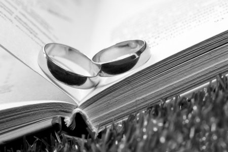 Wedding rings on an open book.の写真素材