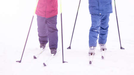 Little boys skiing with sticks, children's sportsの写真素材