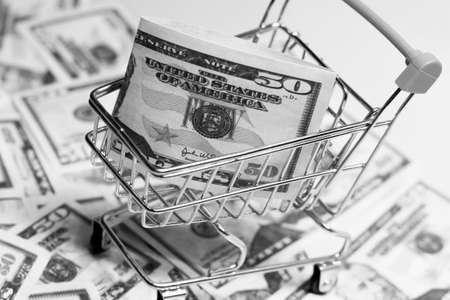 Dollars in a shopping cart, 50 bucks, business and finance.の写真素材