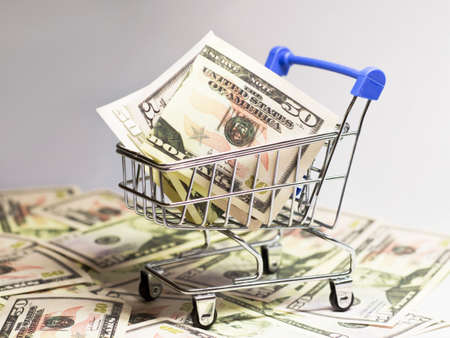 Dollars in a shopping cart, 50 bucks, business and finance.の写真素材