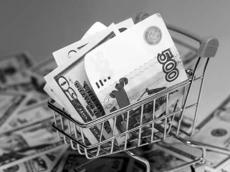 Dollars and rubles bills in the shopping cart, black and whiteの写真素材