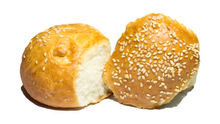 Two fresh burger rolls on a white backgroundの写真素材