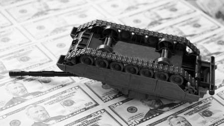 Tank and dollars, war and crisis conceptual, black and whiteの写真素材