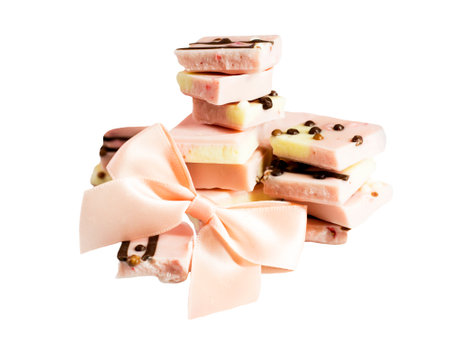 Pink chocolate pieces and a satin bow, isolatedの写真素材