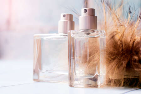 Transparent perfume bottles and furの写真素材