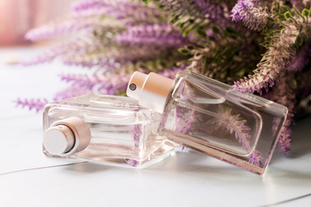 Perfume bottles with lavender flowers on white table, closeup