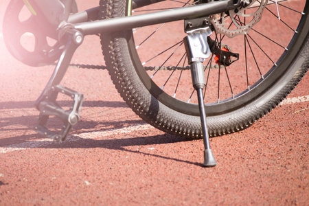 Close-up of bicycle wheel on the track