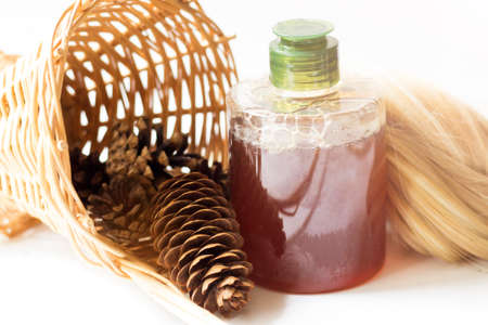 A bottle of hair care shampoo and pine cones on a white backgroundの写真素材