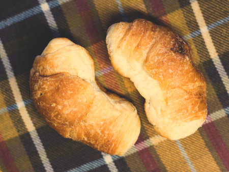 Two croissants on a checkered fabricの写真素材
