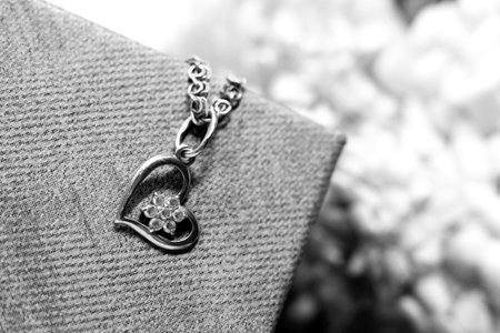necklace on a jacket close-up black and white