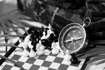 Black and white image of a compass, a chessboard and chess figures.