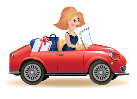 Young pretty woman looks at something interesting and amazingのイラスト素材