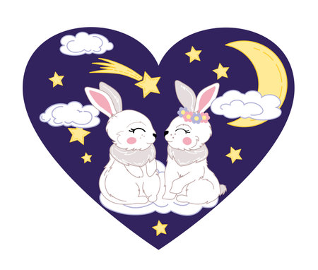 valentine with the image of two rabbits on the background of the starry skyのイラスト素材