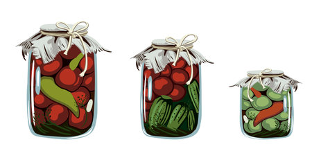 vintage jars with canned vegetables, cucumbers, green tomatoes, red tomatoesのイラスト素材