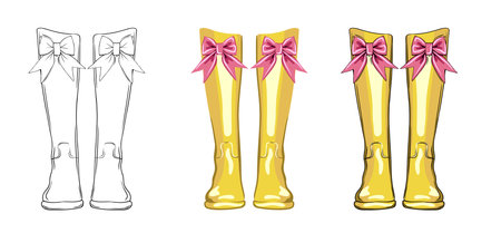 vector set of images of rubber boots depicted in different styles. black outline of rubber boots, color image of bootsのイラスト素材