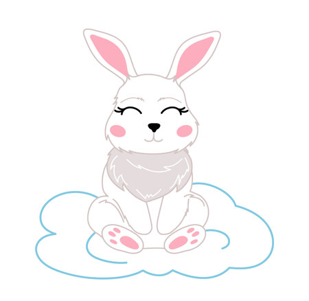 Cute rabbit sitting on a cloud. Vector illustration of a cartoon character.のイラスト素材