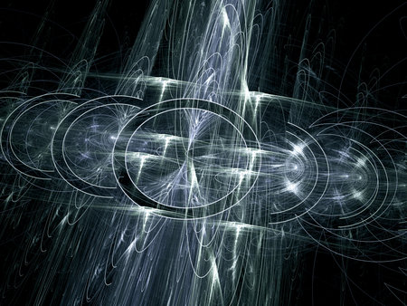 abstract image of randomly distributed light rings, straight and curved lines on a black background